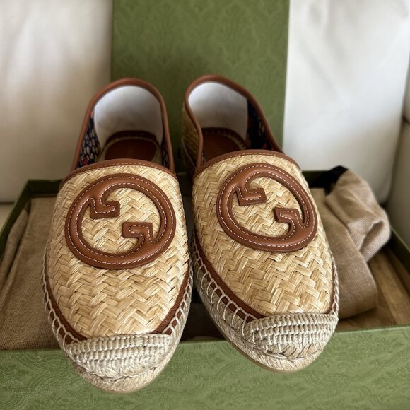 NEW GUCCI || Adela GG Raffia Espadrilles Brown Leather Logo EU 39 US 9 Shoes - Picture 10 of 11